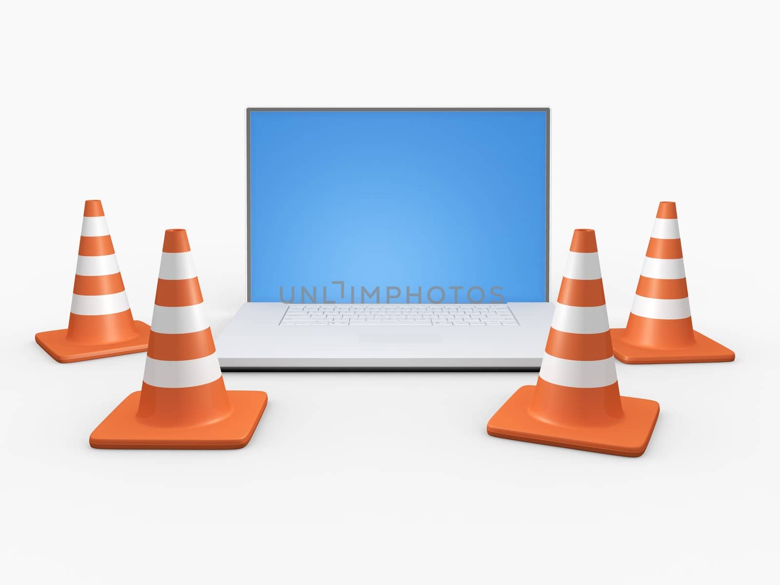Orange highway traffic cone with white stripes around the laptop. High resolution image on white background.