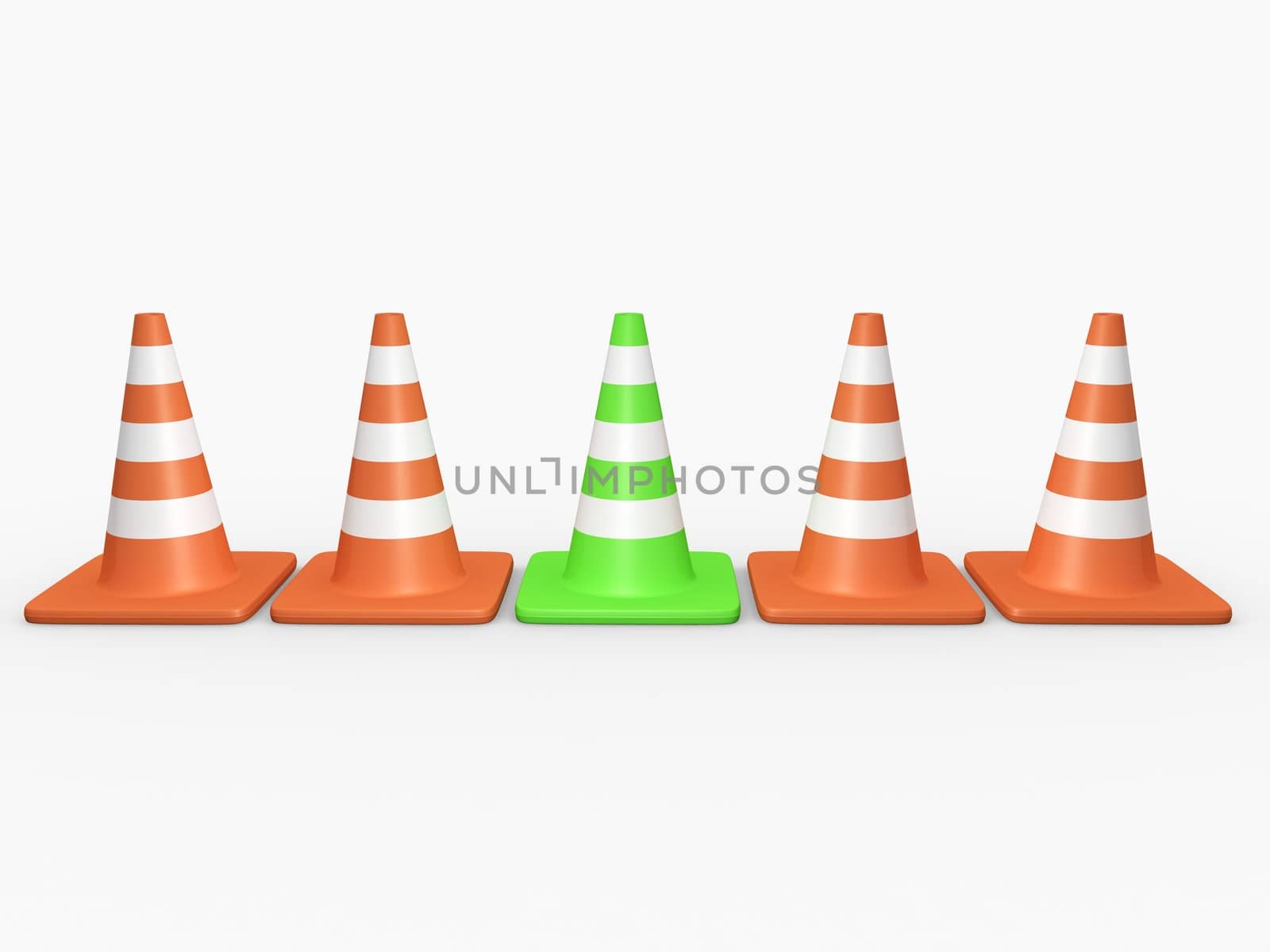 Green traffic cone is standing out from the crowd. High resolution image on white background.