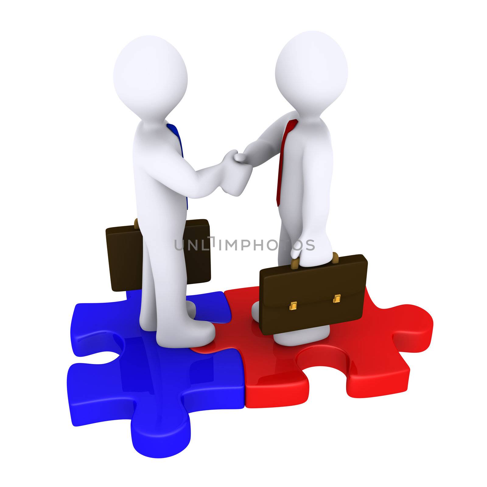Handshake between two 3d businessmen standing on puzzle pieces