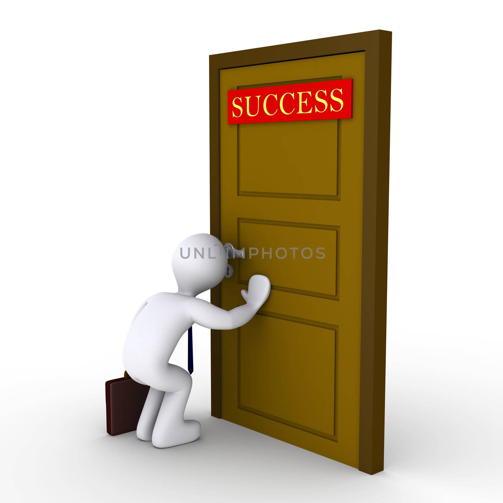 3d businessman looking through keyhole of door that has a "success" sign