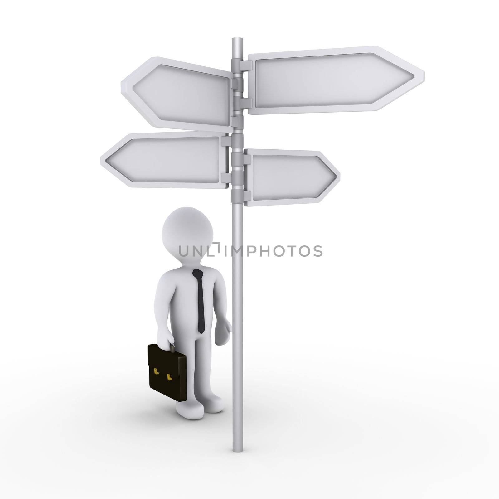 3d businessman looking signs that point to different directions