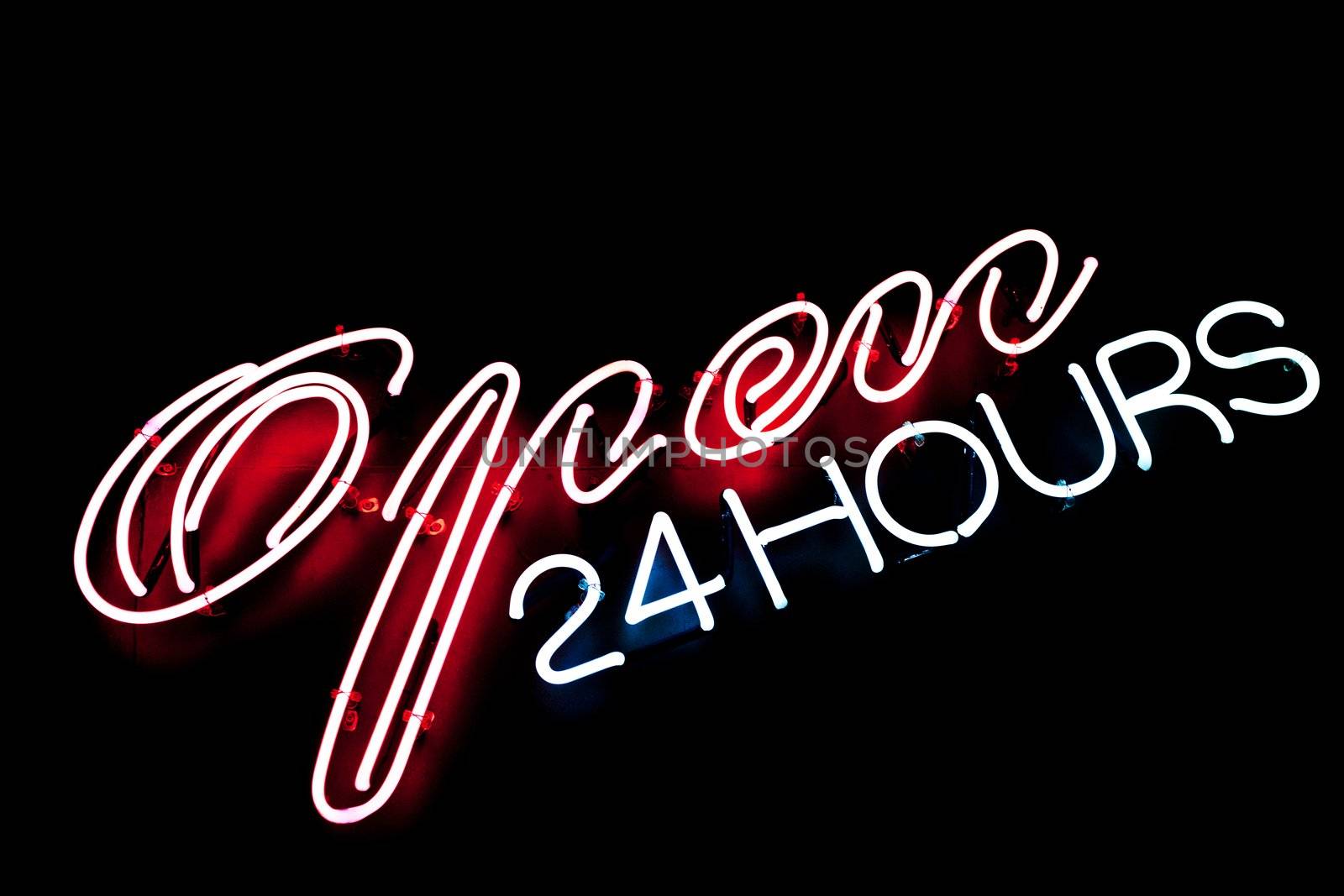 open bar restaurant 24 hours neon sign red and blue on black background