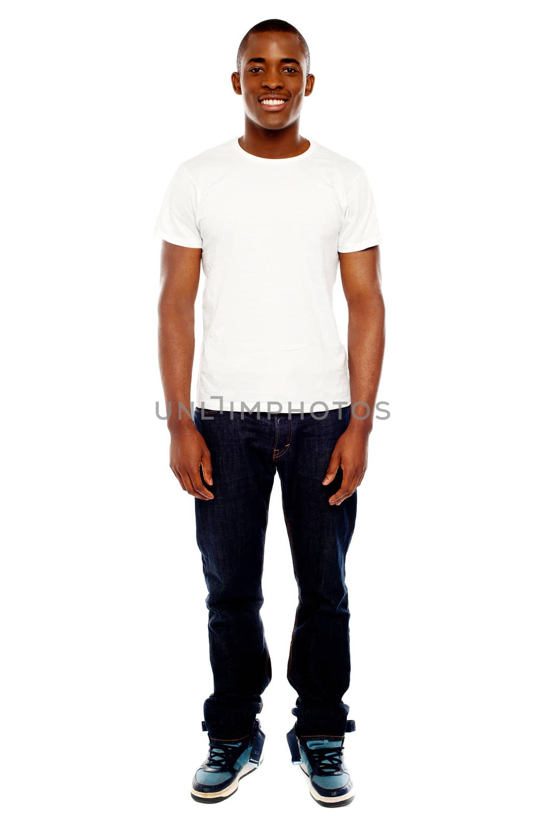 Full length portrait of casual adult man isolated against white background