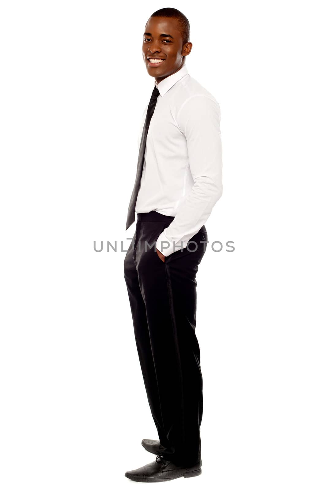 Full length shot of african businessman posing in style isolated over white