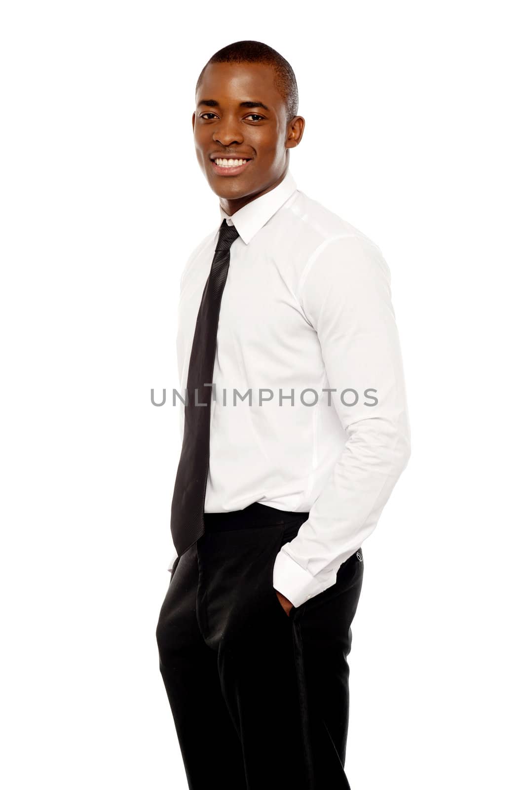 Handsome african corporate man posing casually with hands in pocket