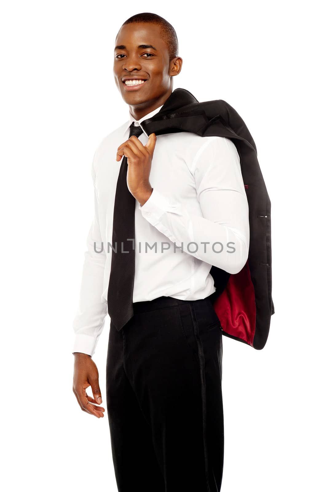 Portrait of handsome african businessman holding coat over his shoulders