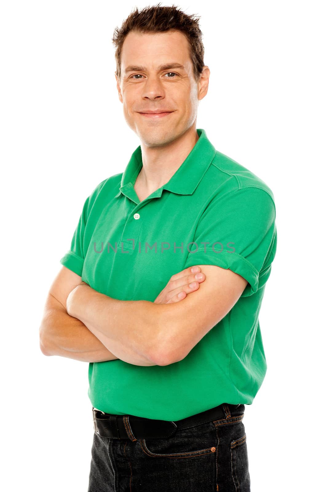 Casual young man with crossed arms isolated over white