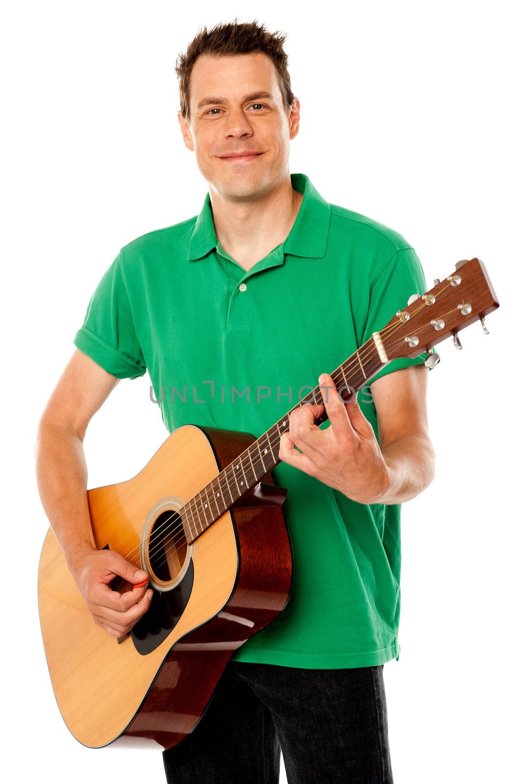 Smart rock guitar player at his best. Playing guitar against white background