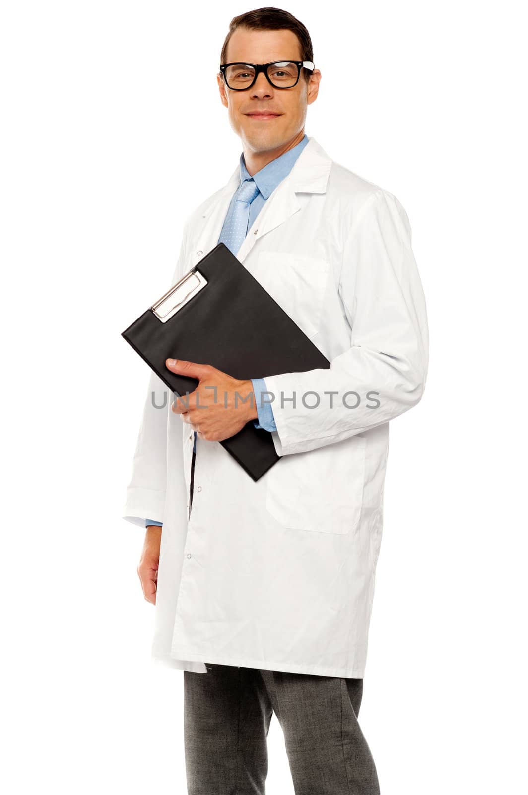 Doctor in glasses carrying clipboard on white background