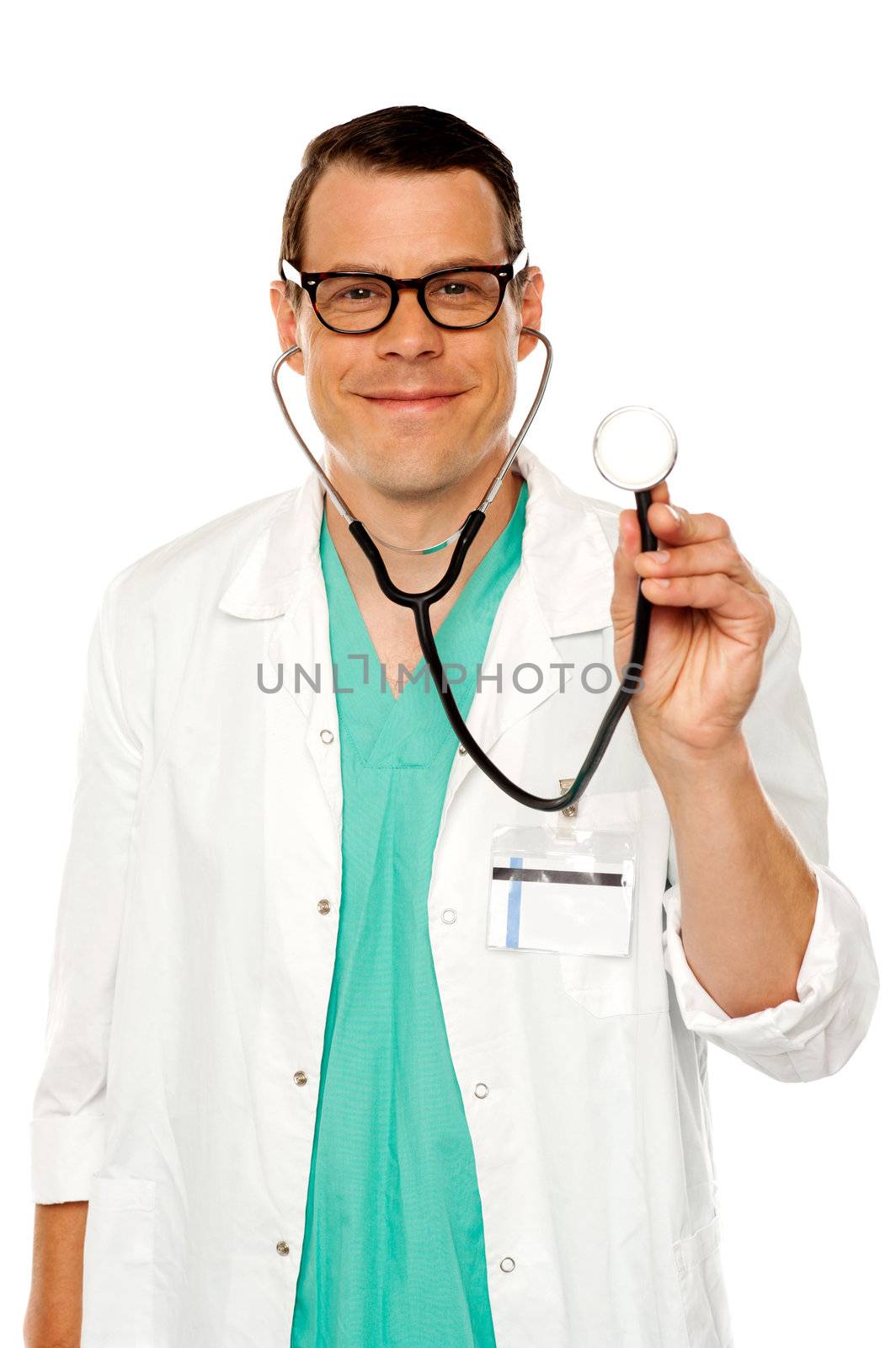 Time for regular checkup. Male doctor with stethoscope in front of camera