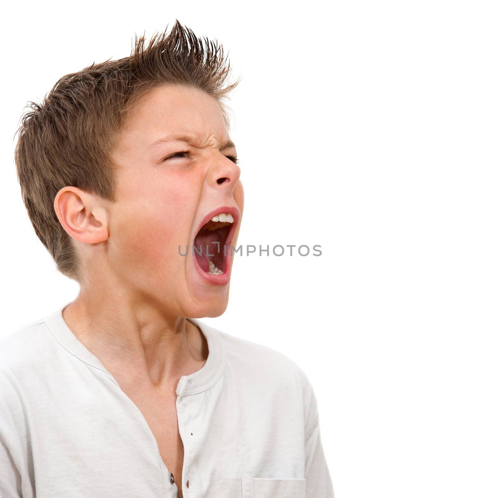 Close up portrait of angry boy shouting. Isolated on white background