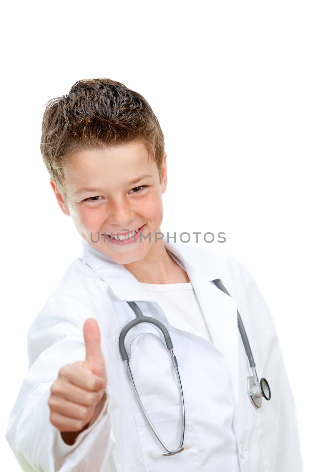 Concept Portrait of young handsome future doctor with thumbs up.Isolated