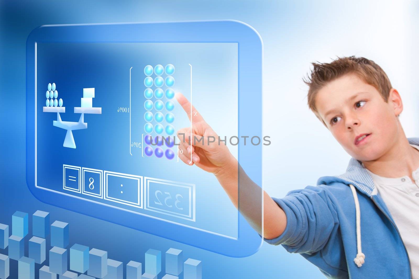 Young student touching virtual digital futuristic screen.