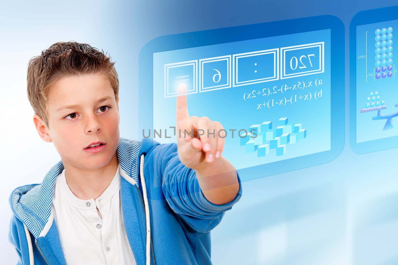 Young student with virtual futuristic interface simulating digital blackboard.
