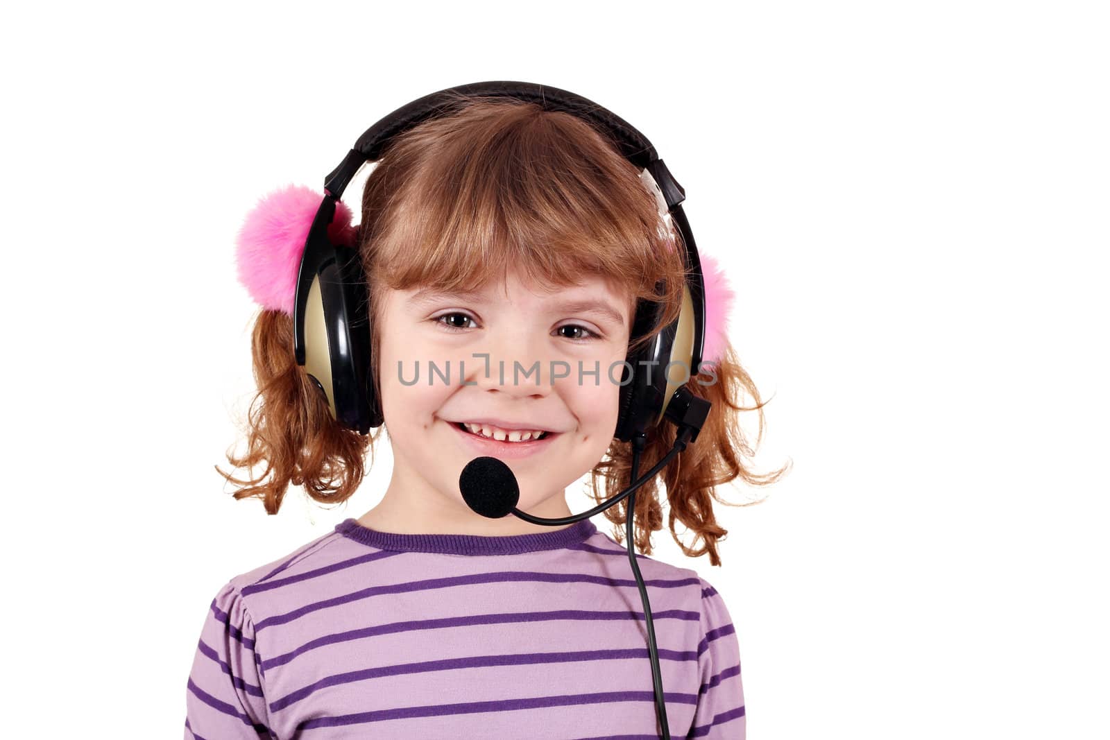 happy little girl with headphones portrait by goce