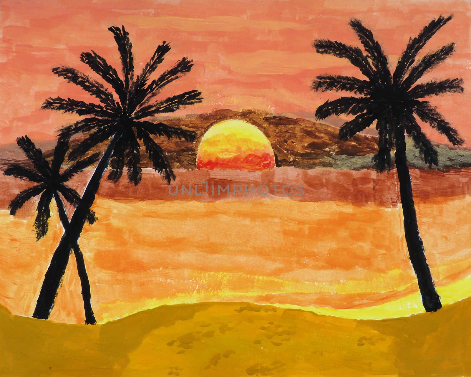 A painting of tropical sunset landscape