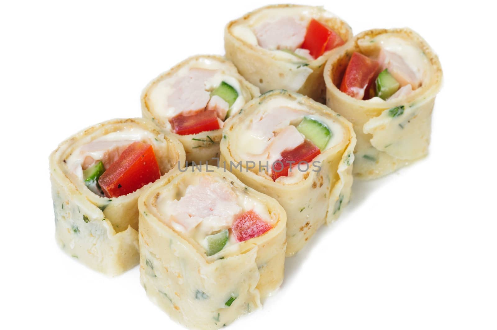 Various kinds of sushi and sashimi on white background
