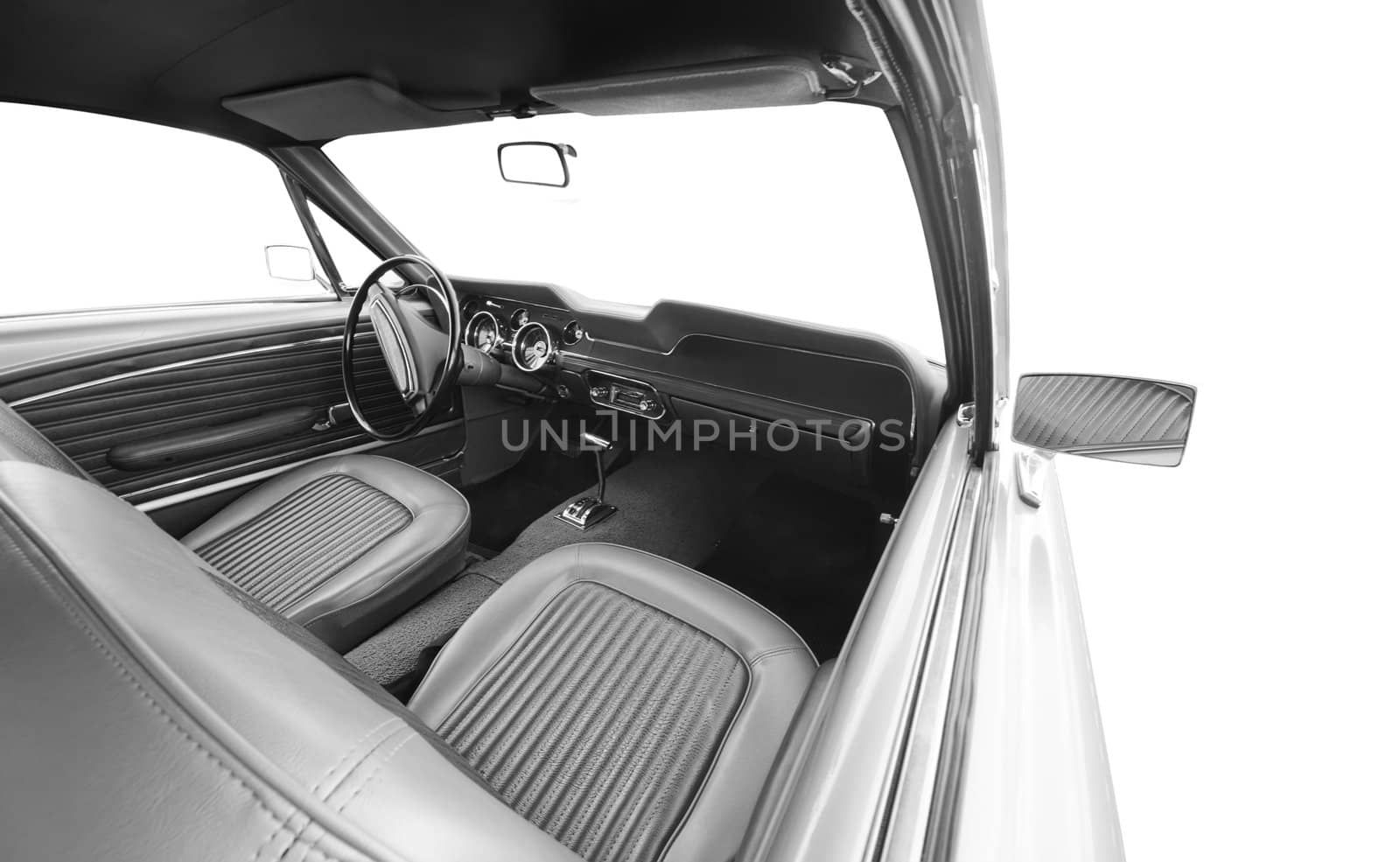 old retro classic car interior isolated on white background