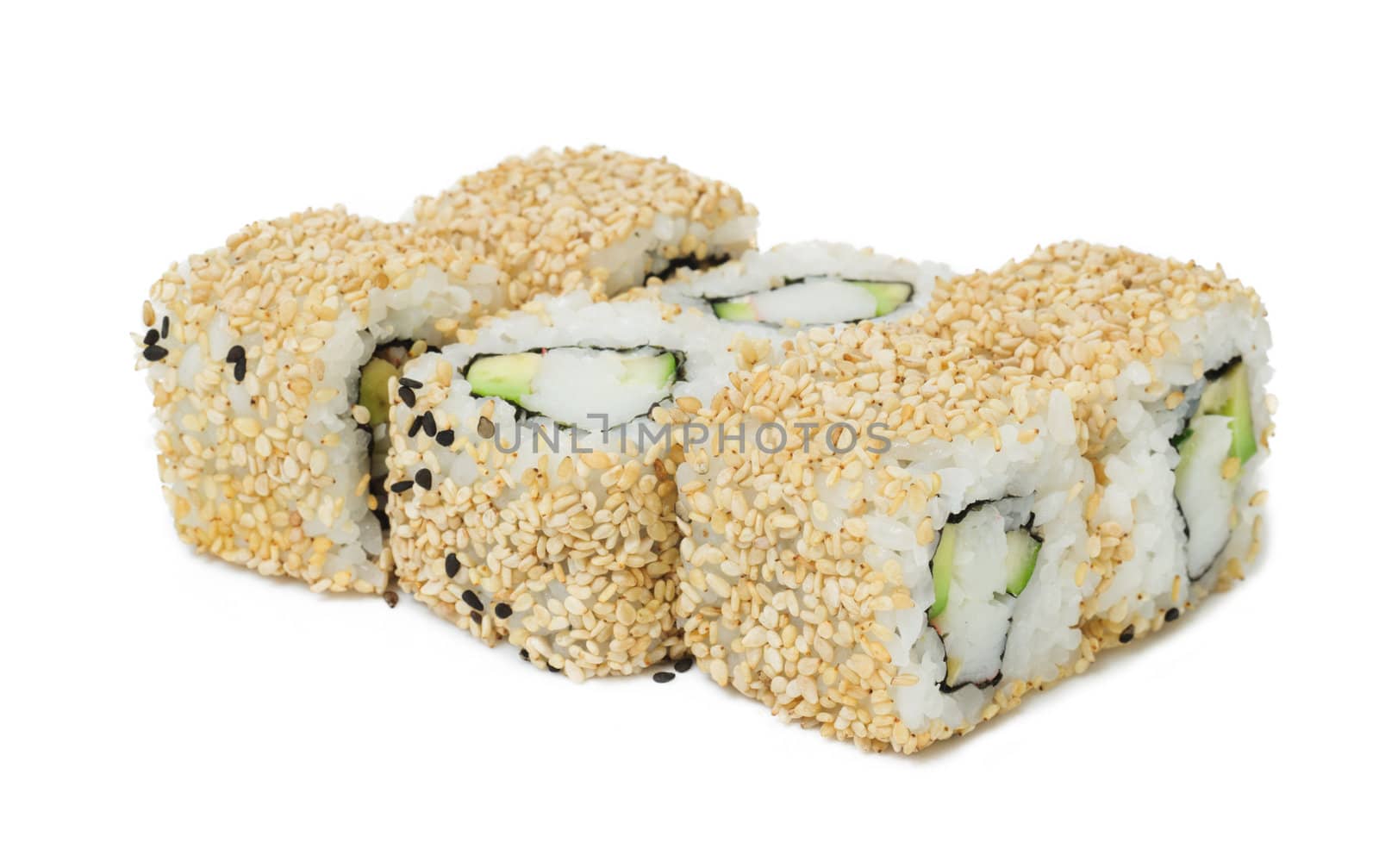 Various kinds of sushi and sashimi on white background