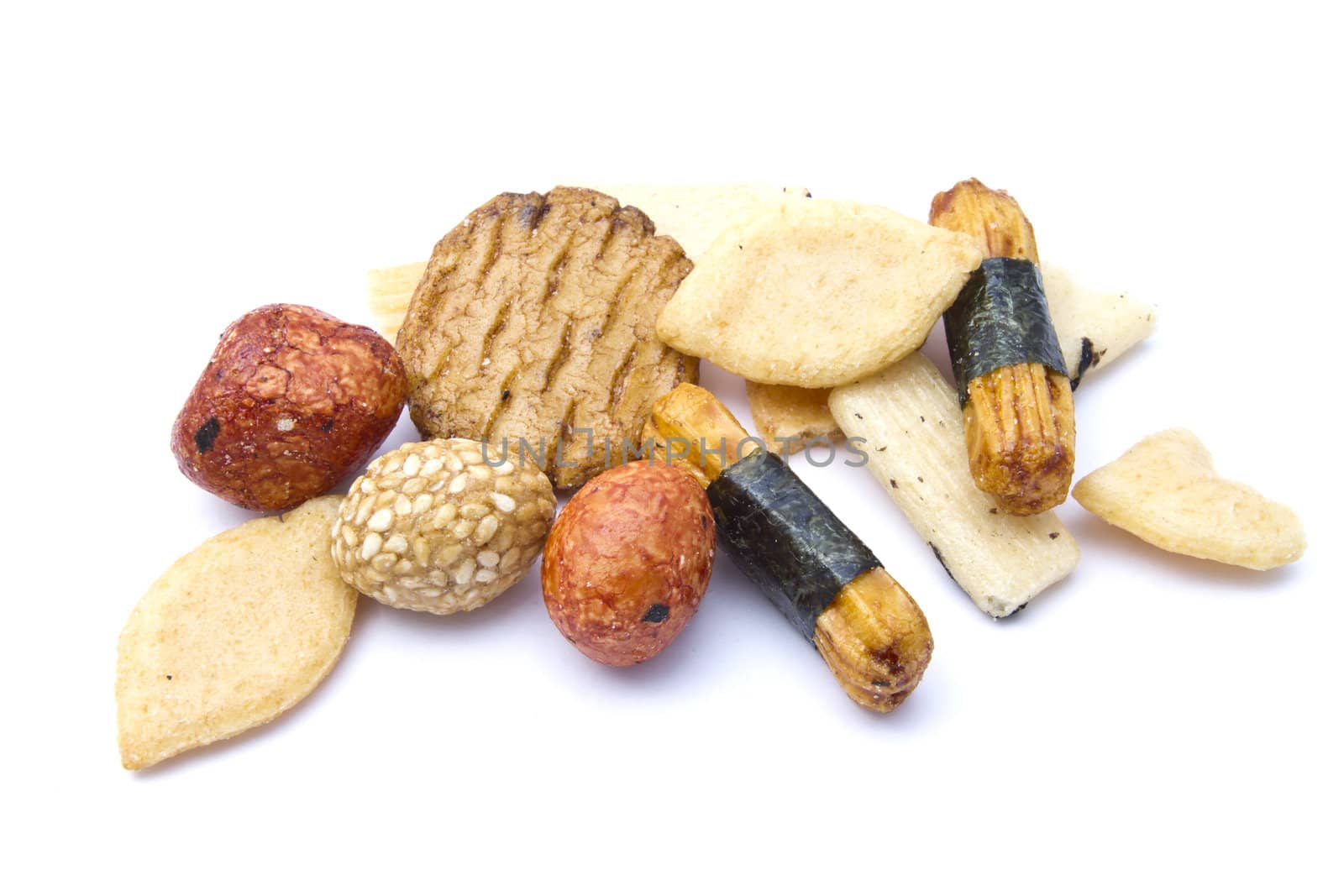 Delicious rice crackers closseup on white background