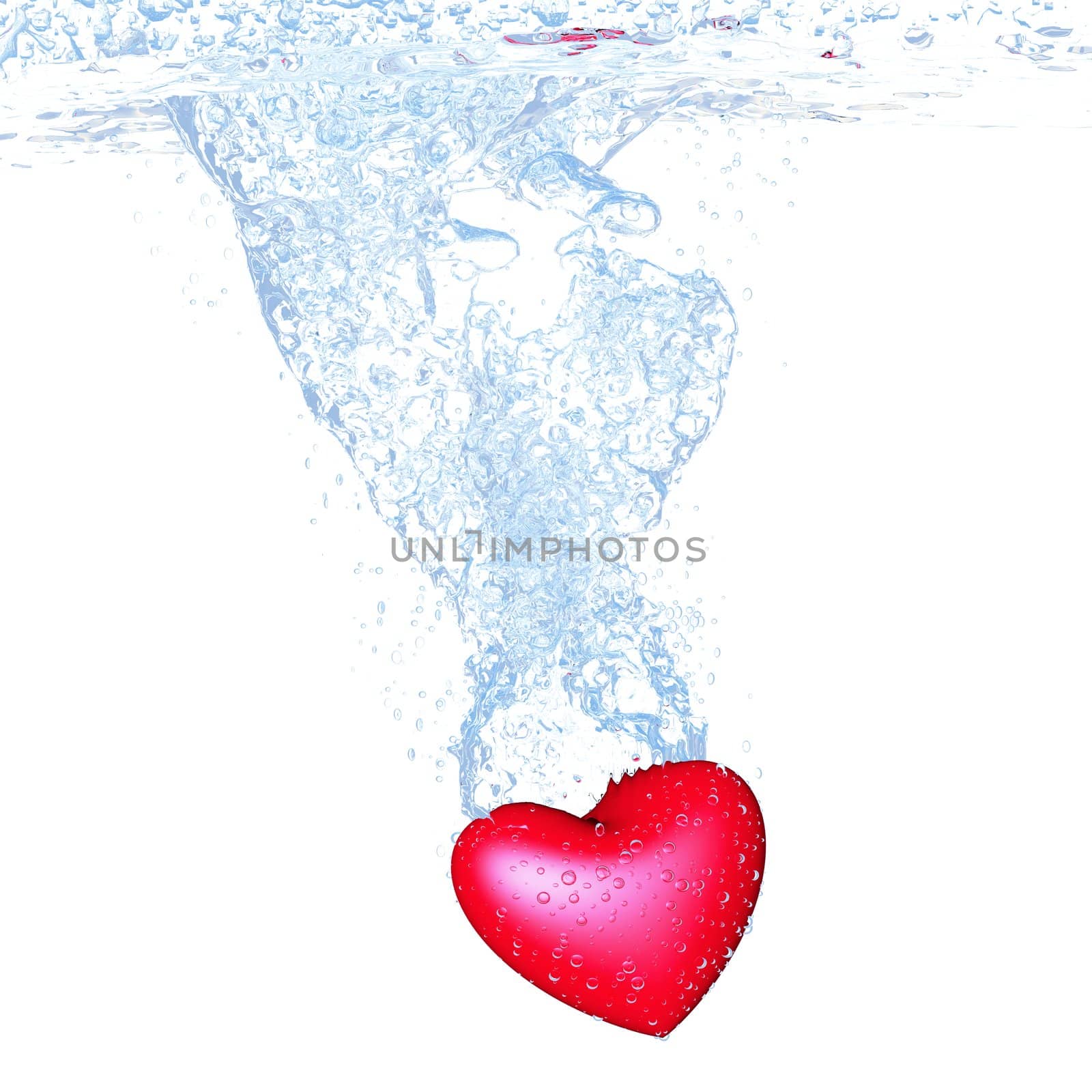 heart dropped into water over white background