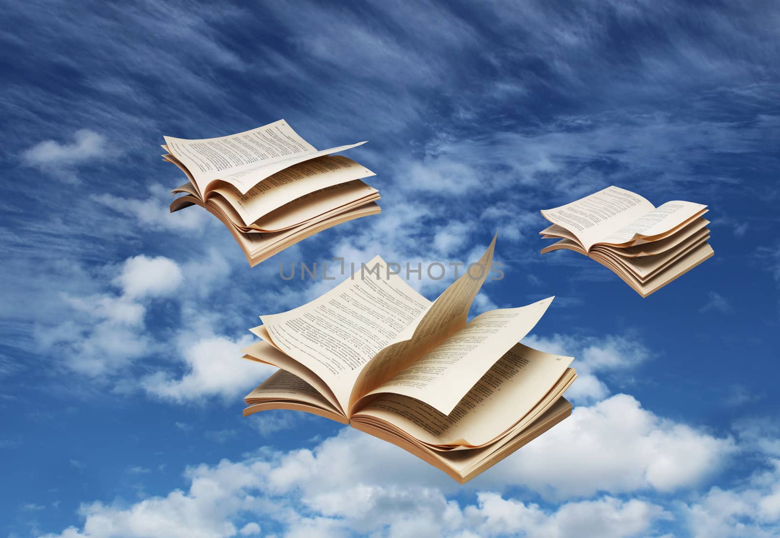 Three open books flying on blue sky by anterovium