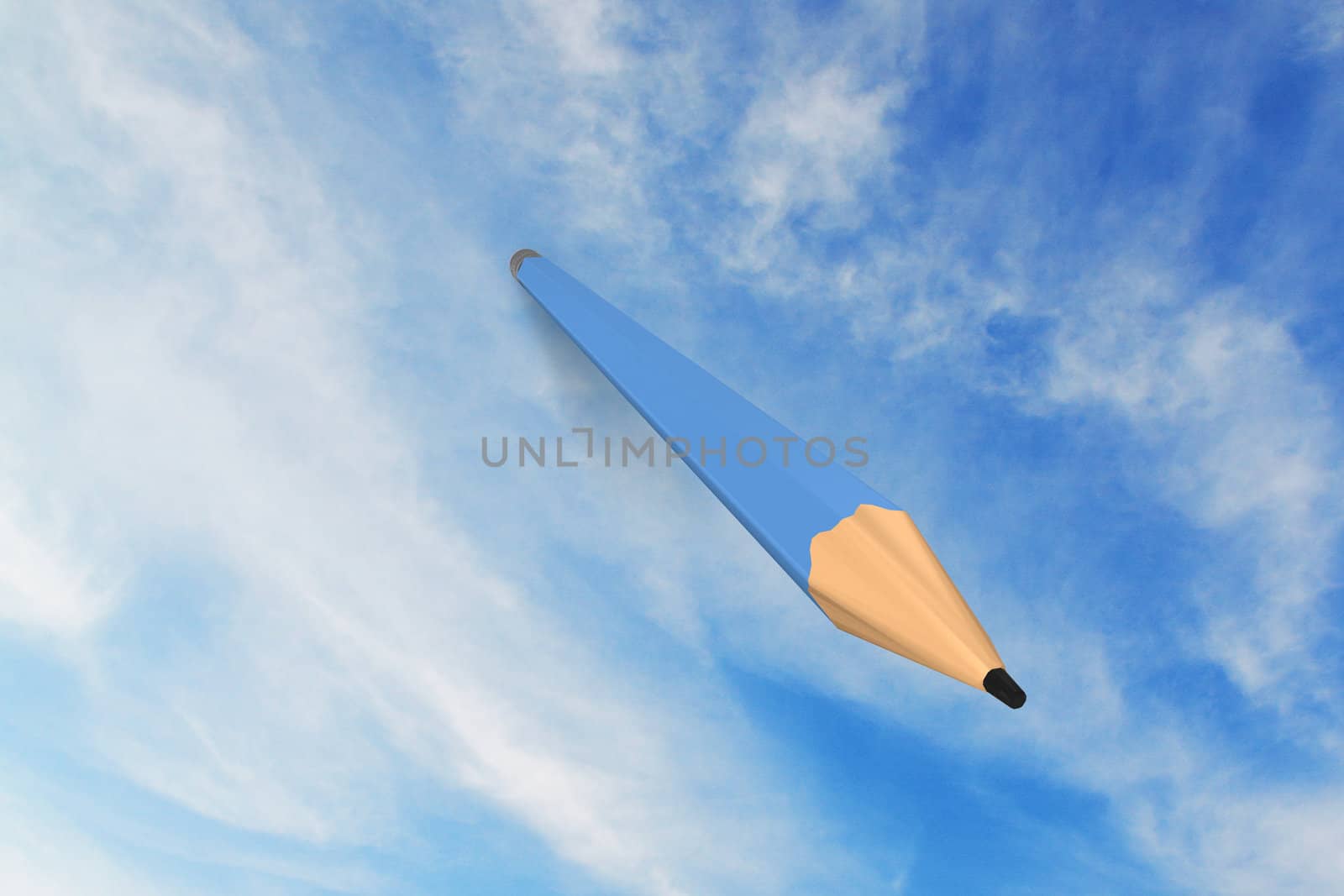 Blue pencil on blue, cloudy sky with shadow.
