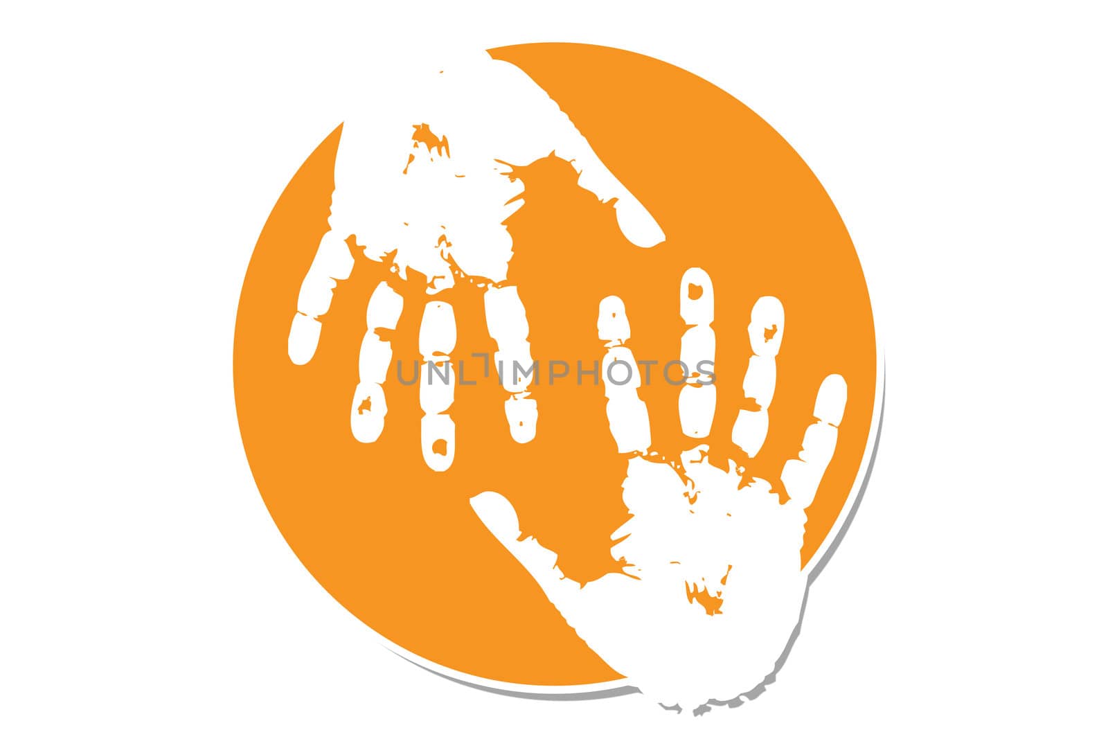 Orange hand print label with shadow on white background.