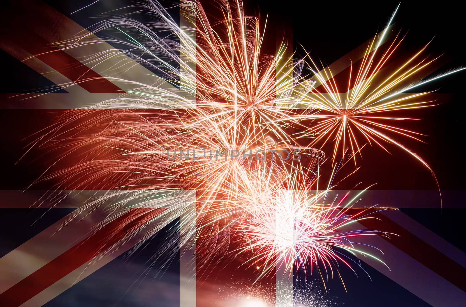 UK Union Jack Flag with Fireworks by jpldesigns