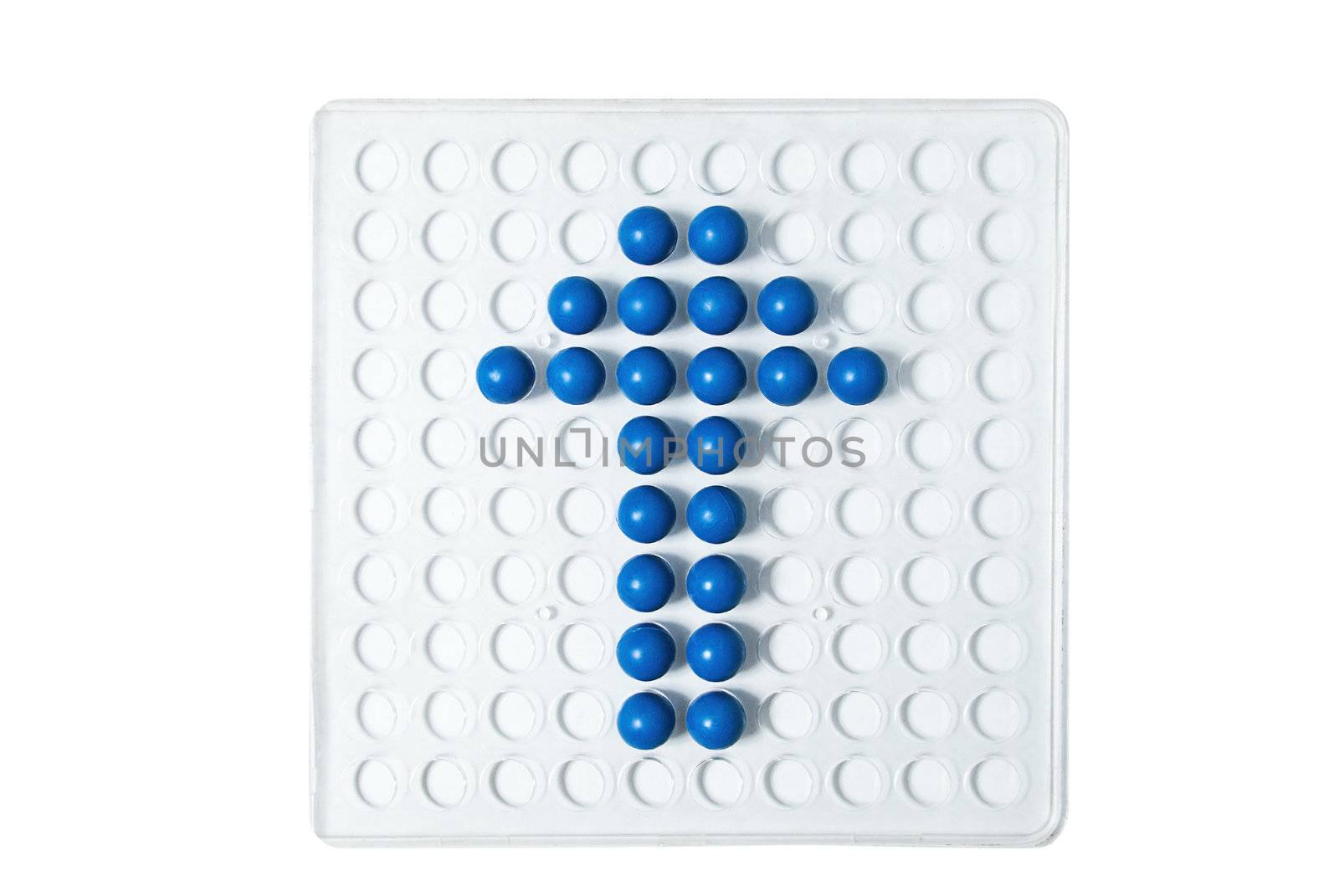 The blue arrow of the round balls on a white background.