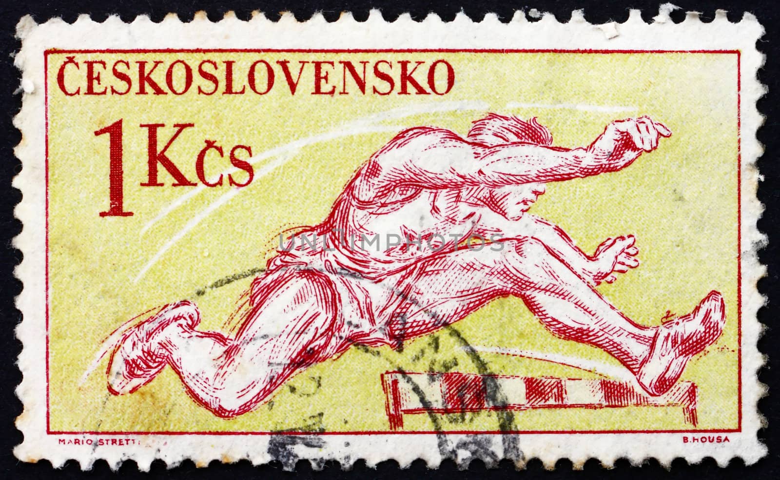 CZECHOSLOVAKIA - CIRCA 1959: a stamp printed in the Czechoslovakia shows Hurdling, Track and Field Sport, Athletics, Olympic Sport, circa 1959