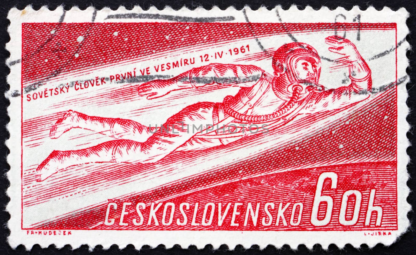 CZECHOSLOVAKIA - CIRCA 1961: a stamp printed in the Czechoslovakia shows Man Flying into Space, Yuri A. Gagarin, 1st Man in Space, circa 1961