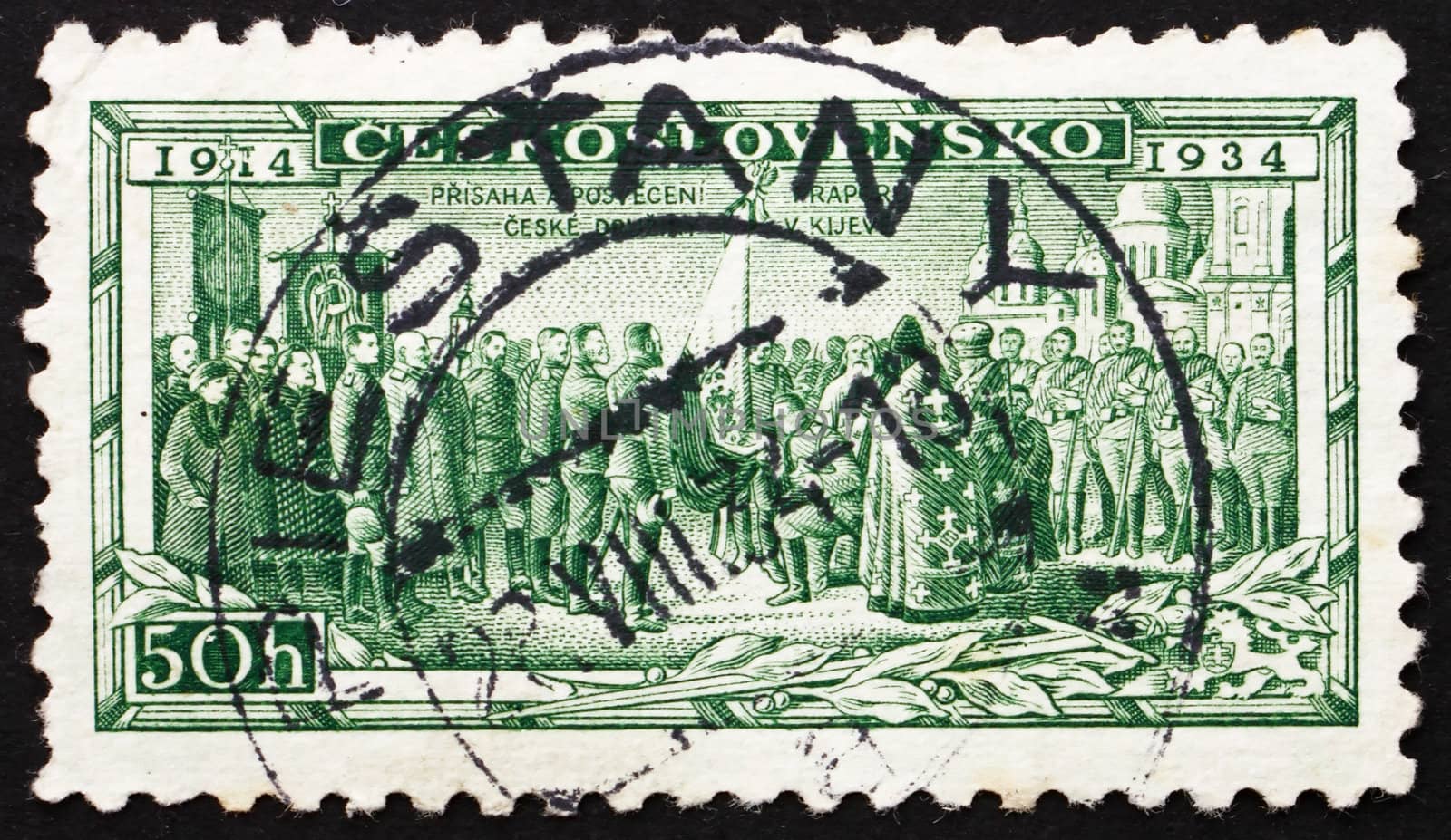 CZECHOSLOVAKIA - CIRCA 1934: a stamp printed in the Czechoslovakia shows Consecration of Legion Colors at Kiev, circa 1934