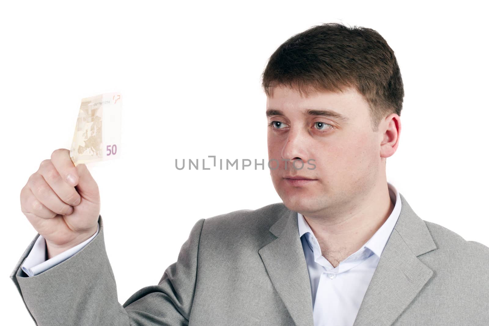 man on a white background is considering the money