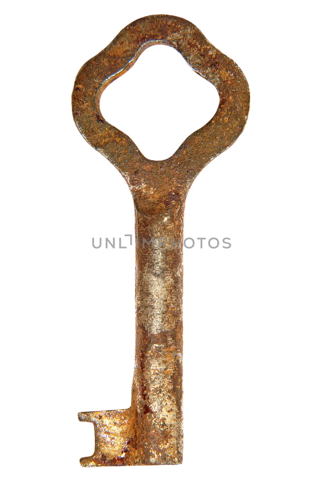 Old rusty key isolated on a white background.