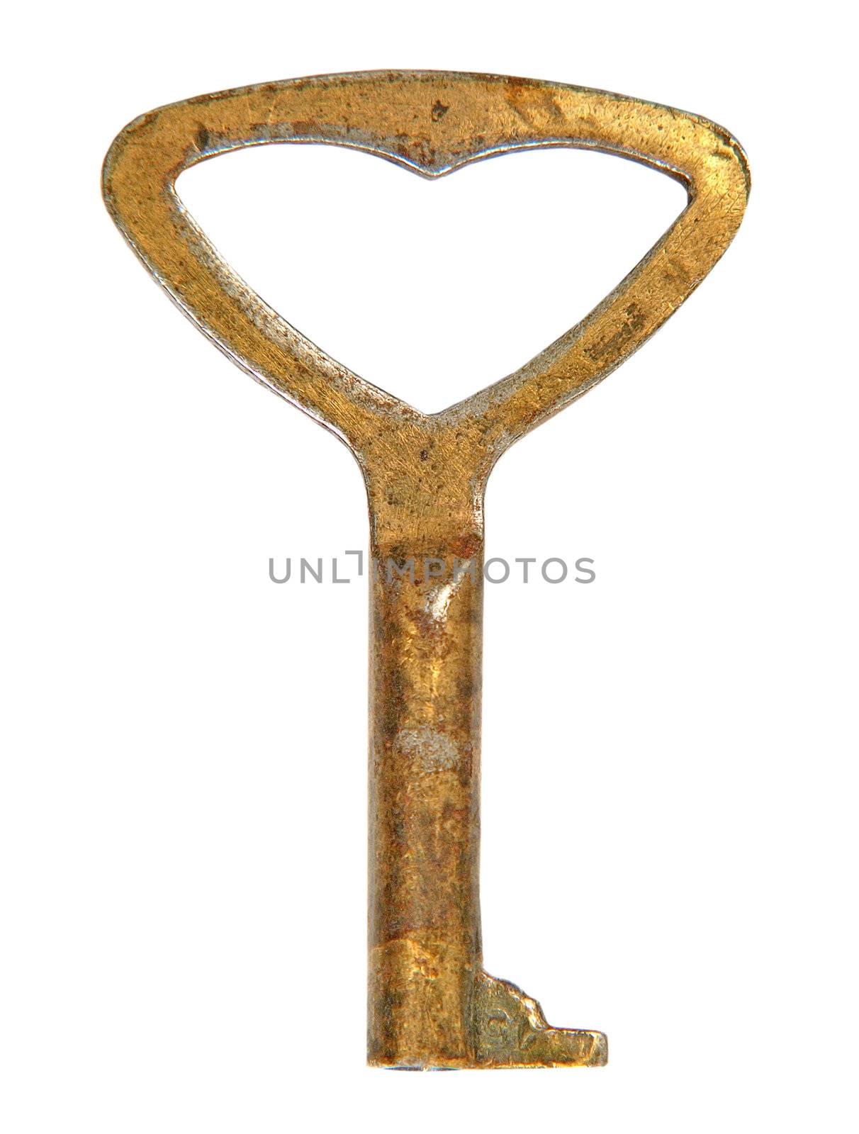 Rusty key isolated on a white background.