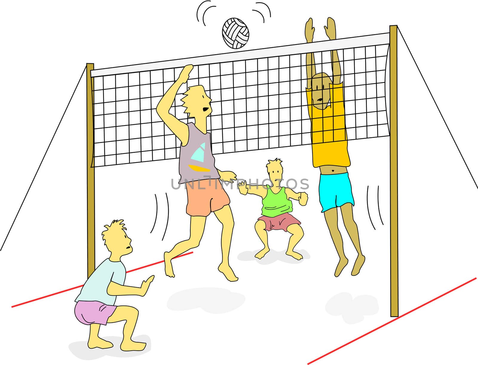 Young men wearing light weight clothes play beach volleyball outdoors.  