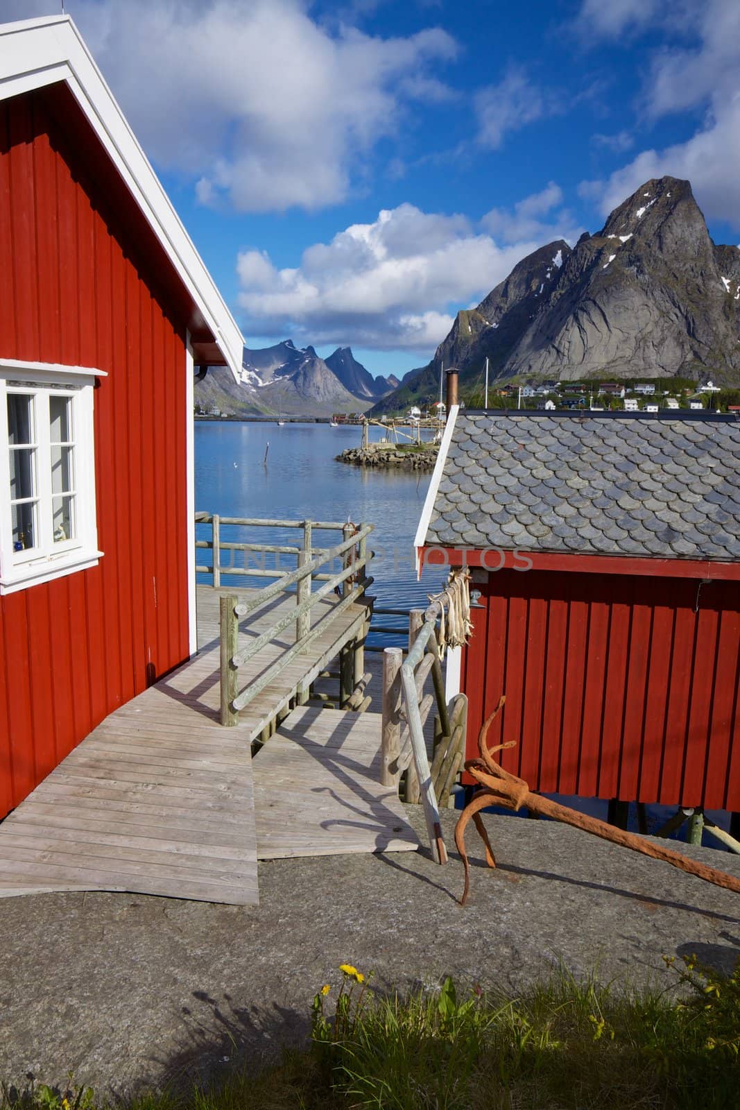 Red fishing rorbu huts by the fjord in town of Reine on Lofoten islands