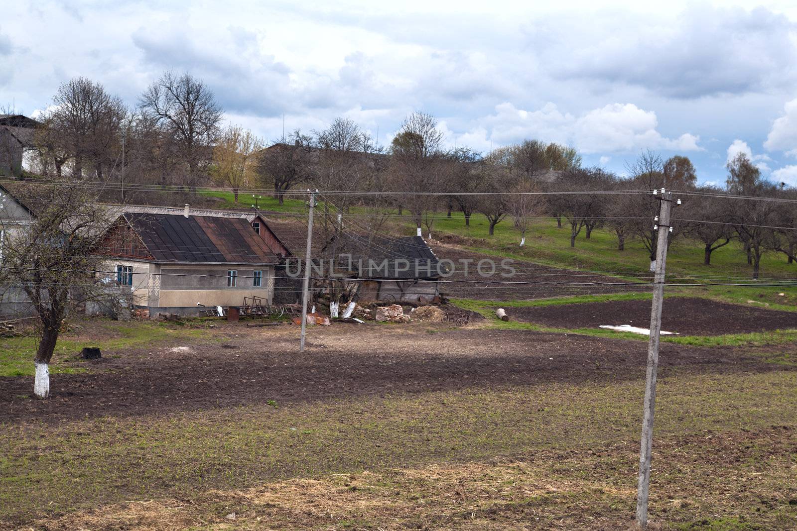 Ukrainian village with old wooden houses and fields