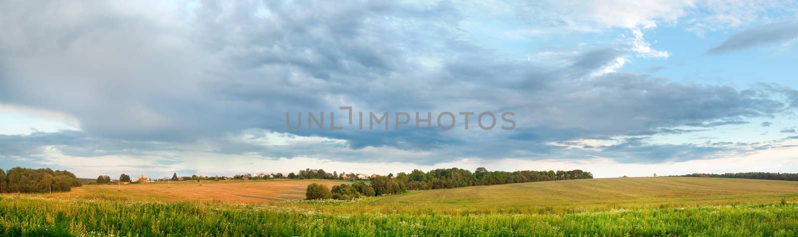 Countryside landscape panorama with green field and small village