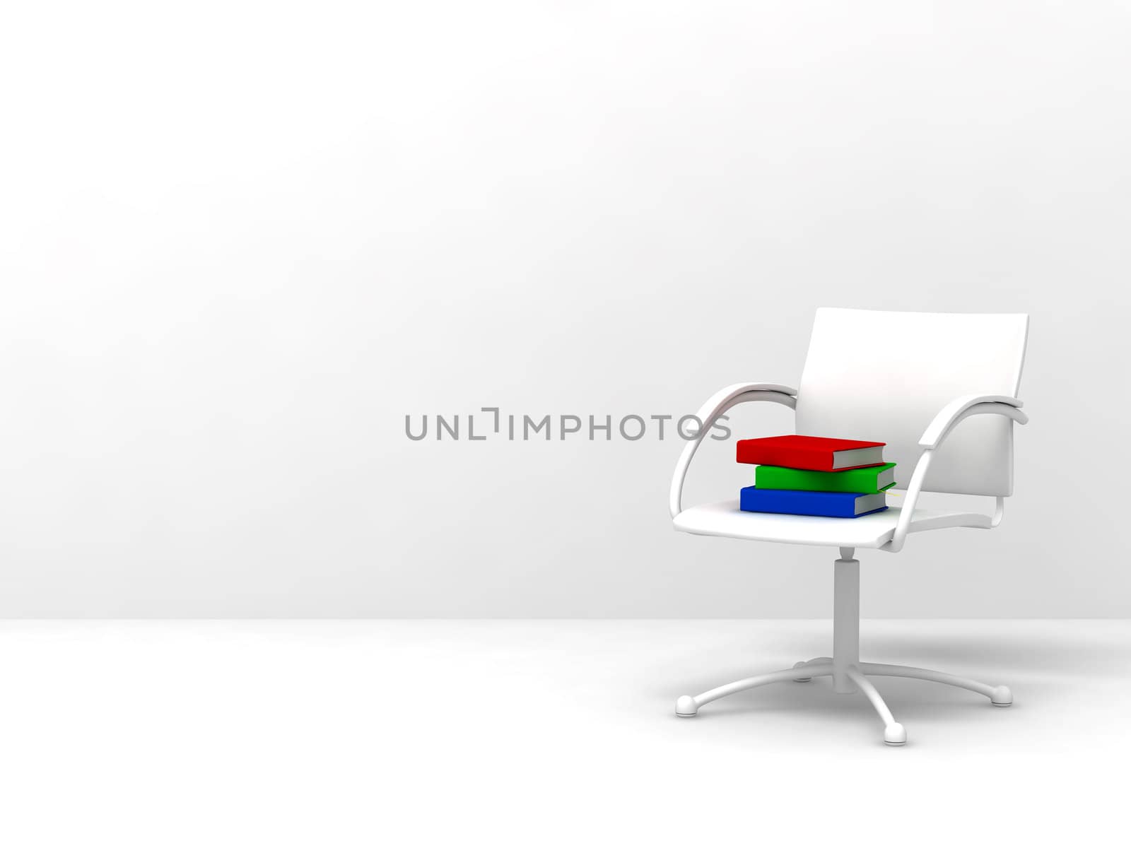 pile of varicoloured books on arm-chair on a background a white wall