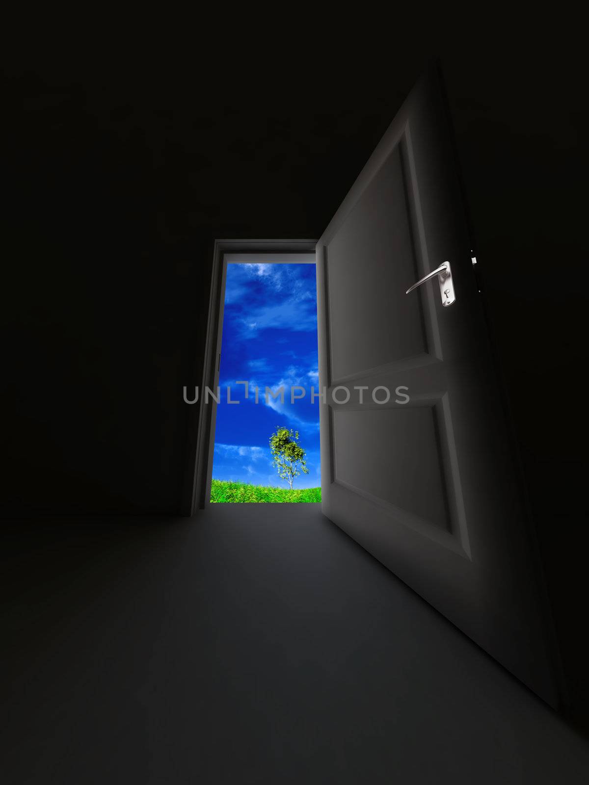 unclosed door in a dark room and spring landscape with a grass, blue sky and a tree