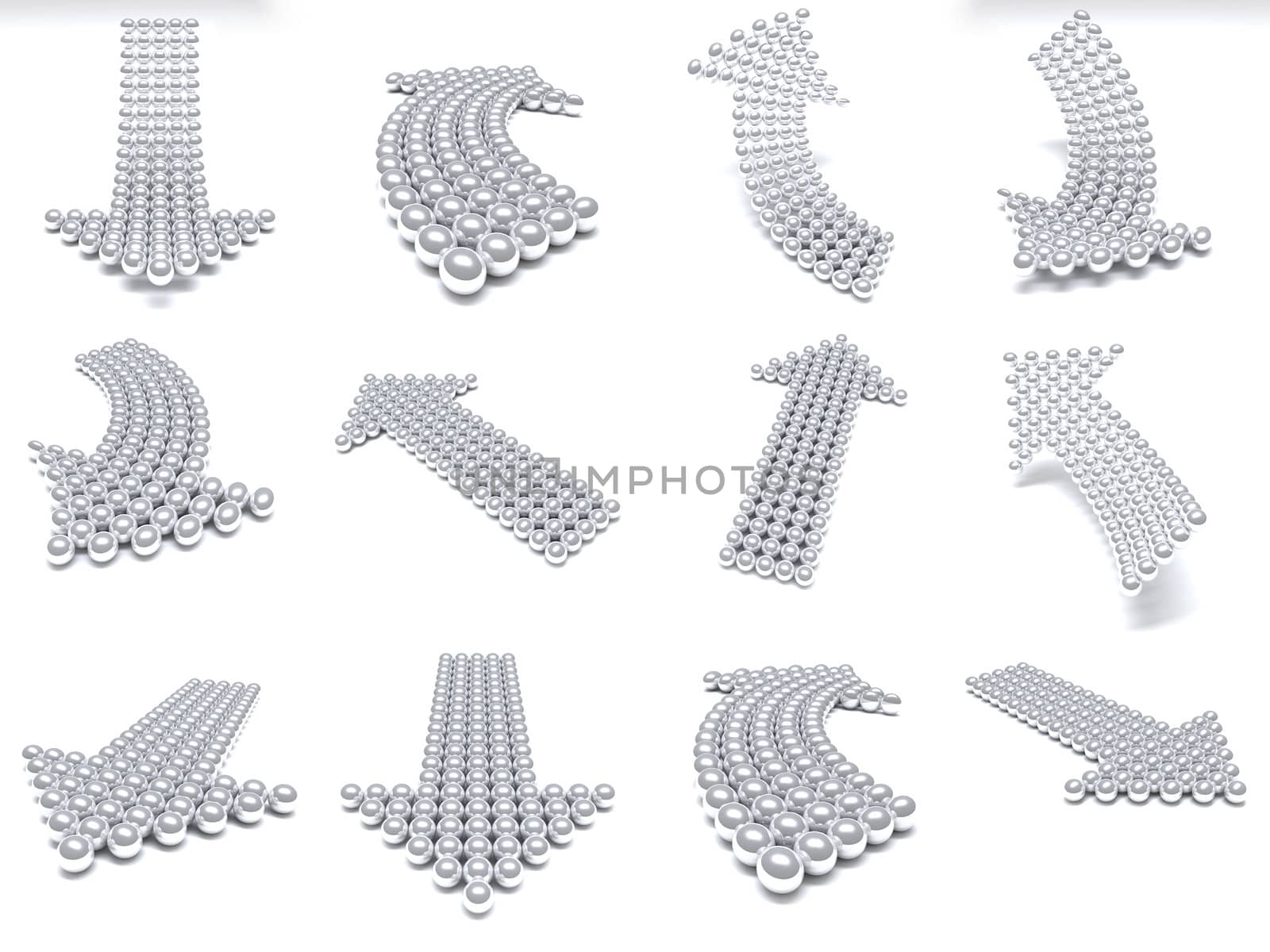 Grey arrows consisting of metal balls on a white background