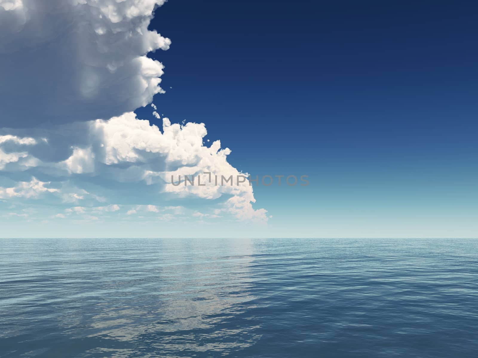 cloudy blue sky leaving for horizon above a blue surface of the sea