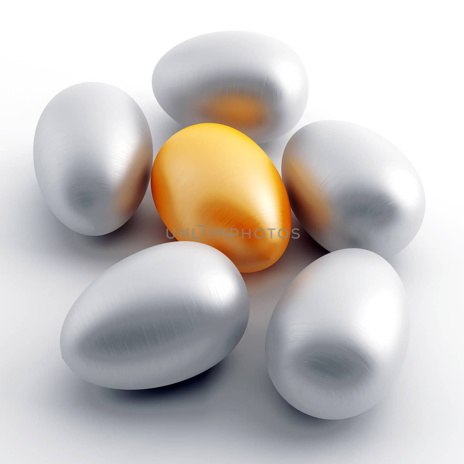 shiny silver and one gold eggs on a white background