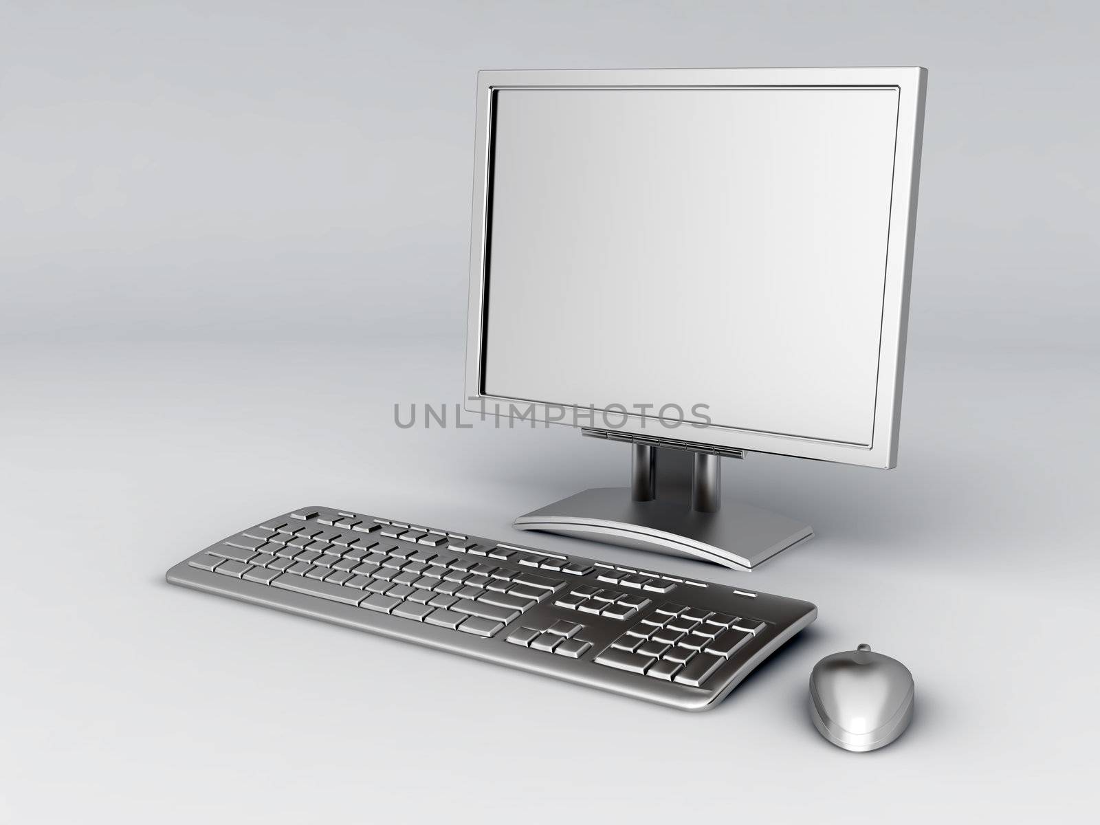 Components of a personal computer: monitor, mouse, keyboard, stylized in metallic