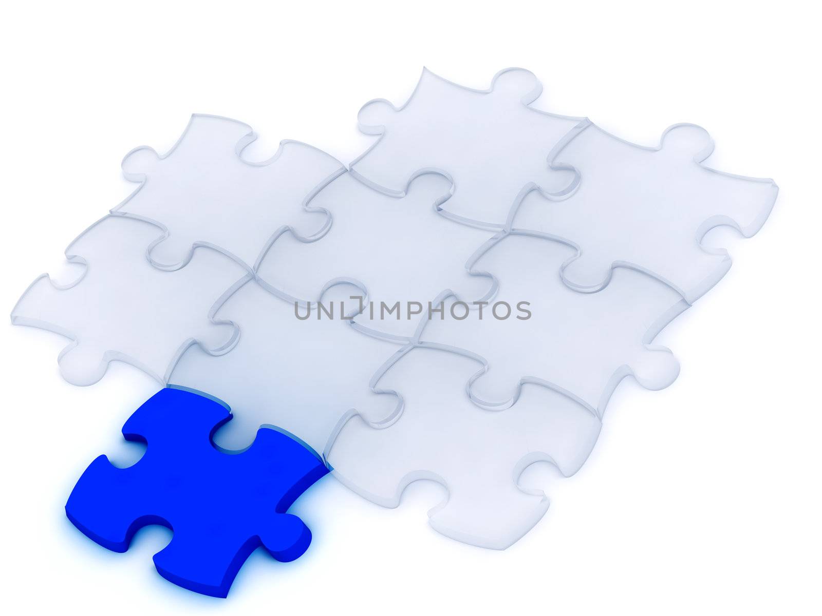 one blue and many transparent components of a puzzle on a white background
