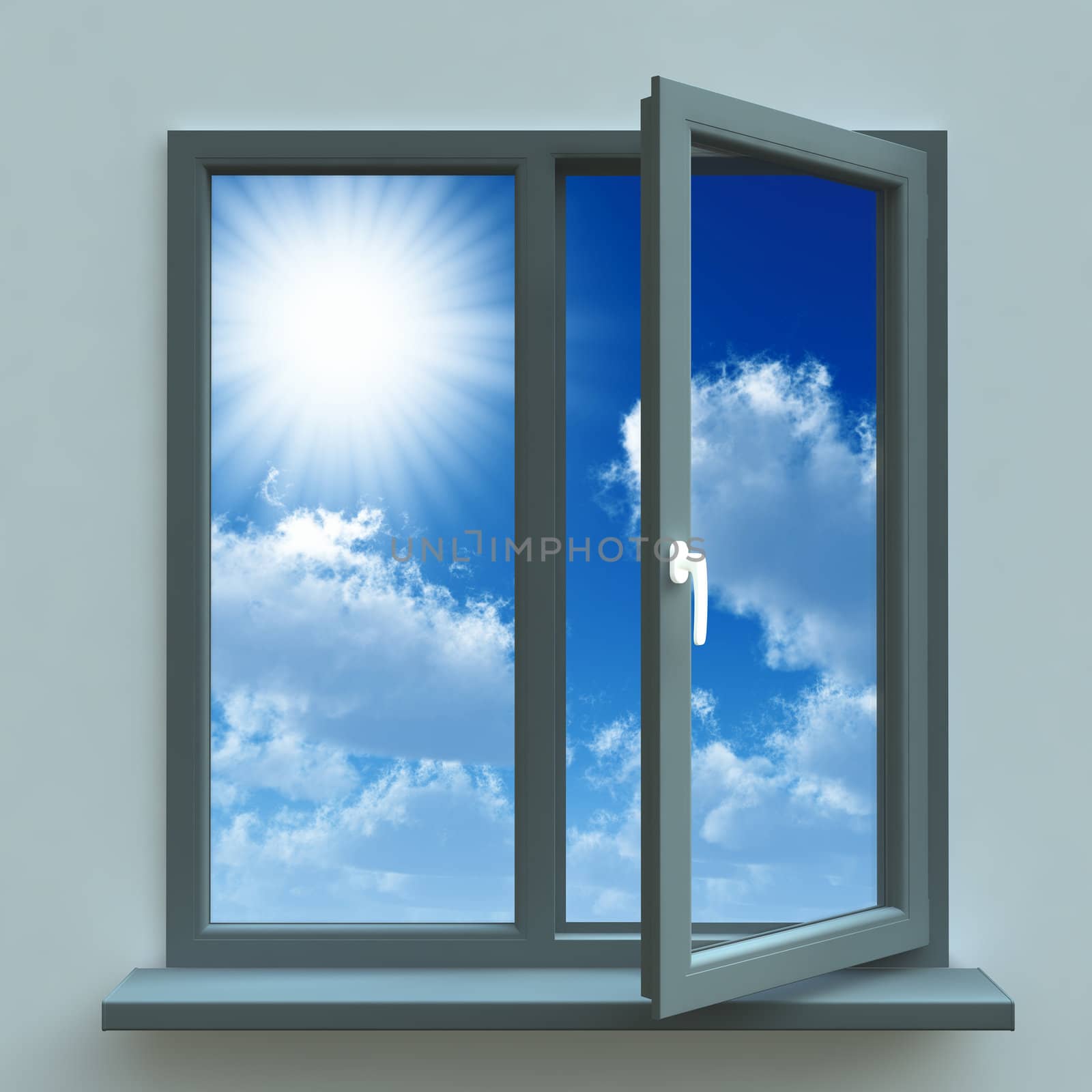 Open window against a blue wall and the cloudy sky and sun