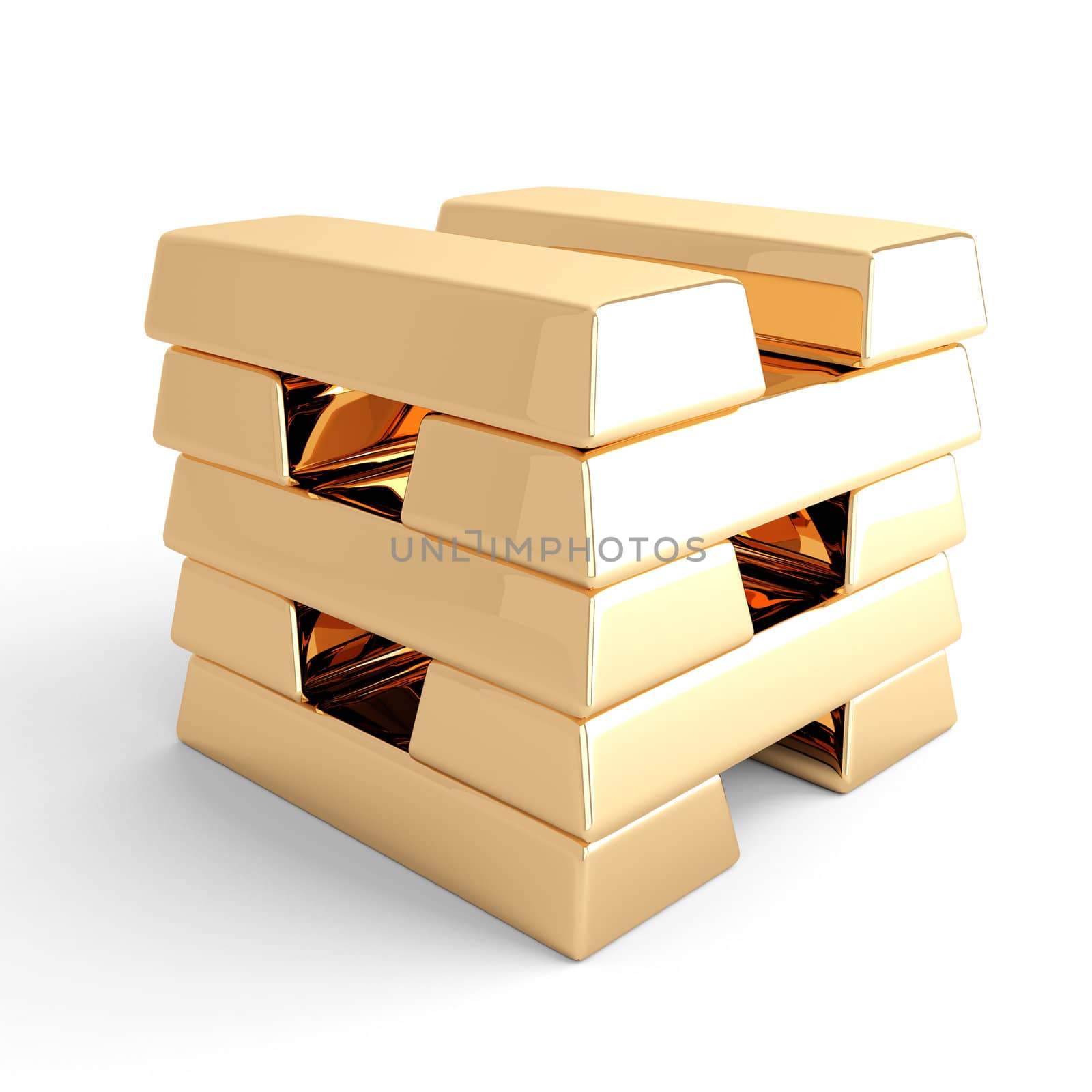 Gold ingots combined by a column on a white background