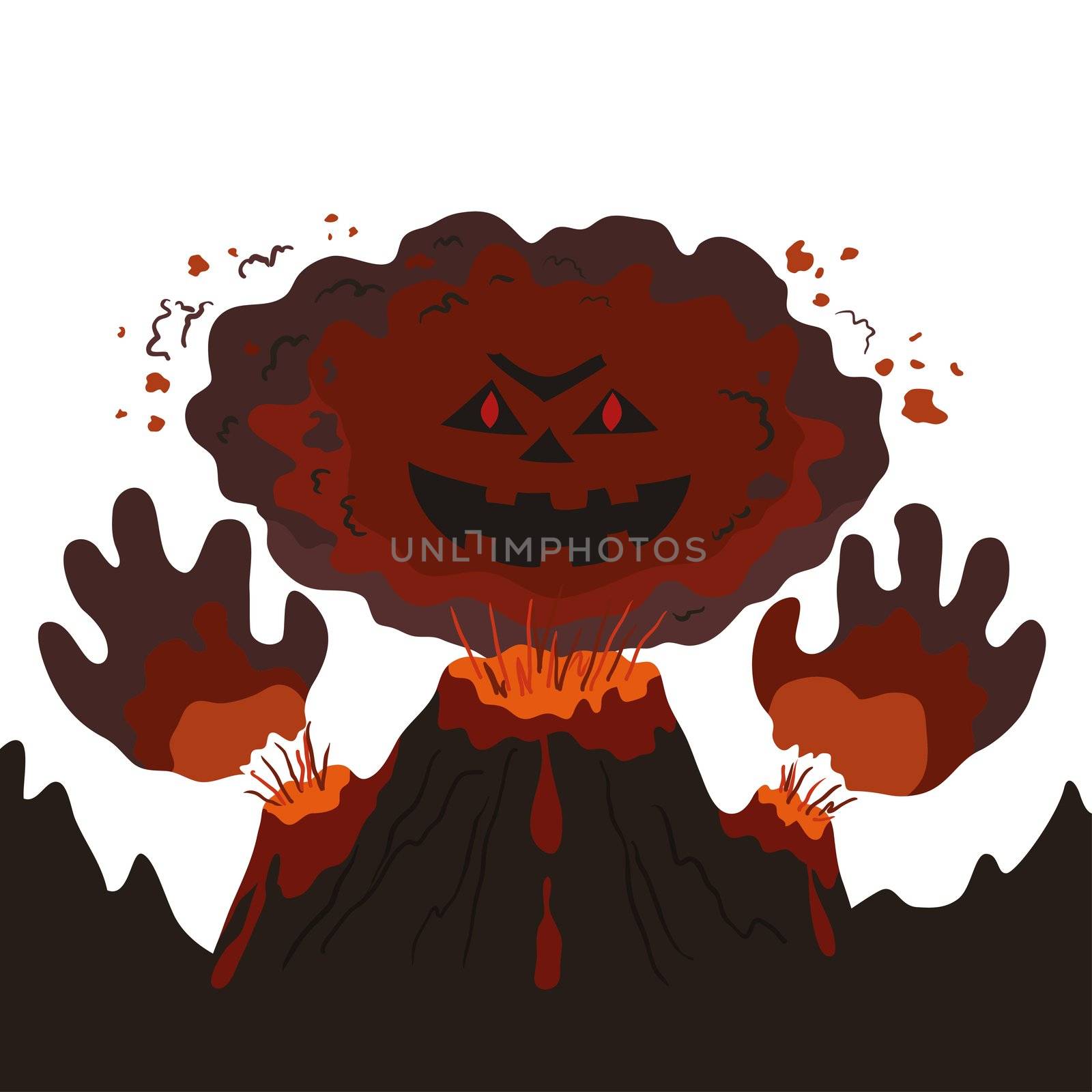 The evil erupting volcano with a human face and hands, cartoon